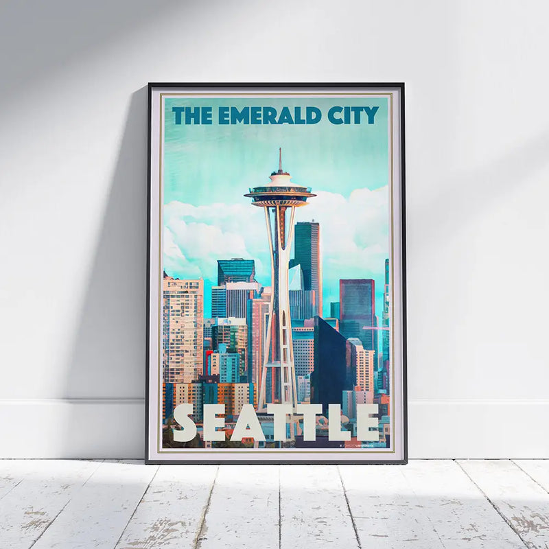 Vintage travel poster of Seattle with Space Needle and skyline – art print by Alecse