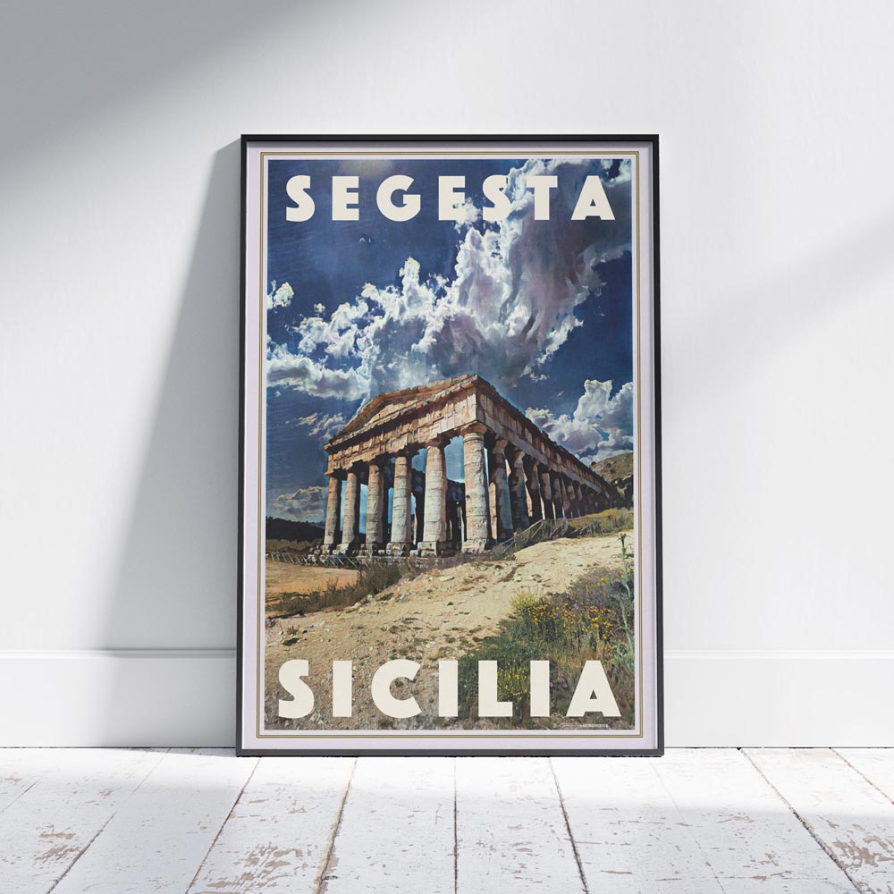A retro-style Segesta poster featuring the ancient Greek temple in Sicily, bathed in golden light