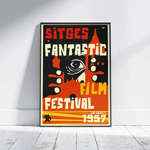 Vintage Sitges poster featuring King Kong and Santa Tecla Church