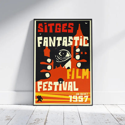 Vintage Sitges poster featuring King Kong and Santa Tecla Church