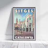 Limited Edition Sitges Travel Poster by Alecse in Framed Display on White Wooden Floor