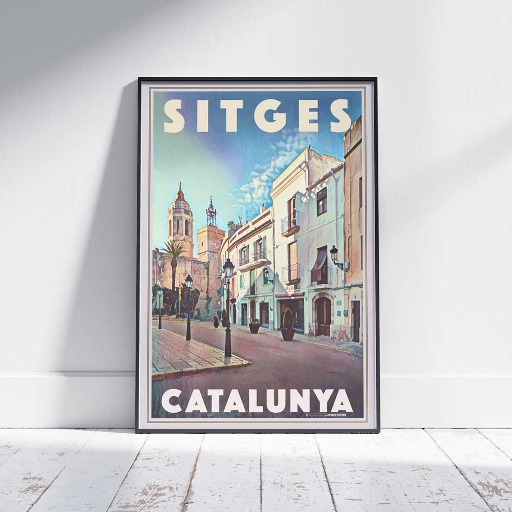 Limited Edition Sitges Travel Poster by Alecse in Framed Display on White Wooden Floor