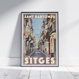 Full view of the Sant Bartomeu Sitges poster framed, capturing Alecse’s signature 1950s travel-poster aesthetic.
