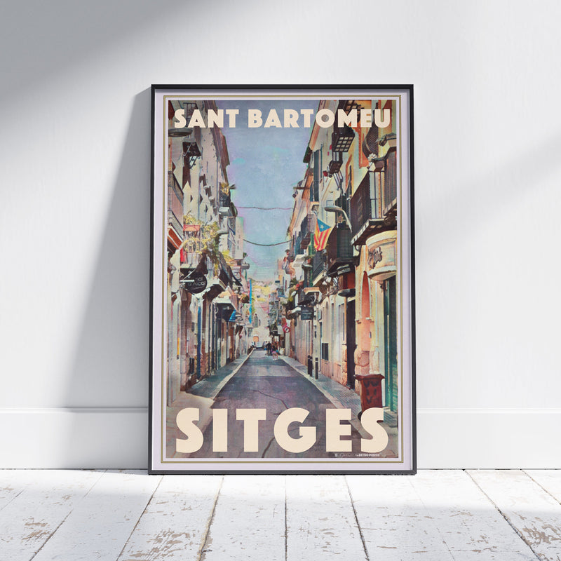 Full view of the Sant Bartomeu Sitges poster framed, capturing Alecse’s signature 1950s travel-poster aesthetic.
