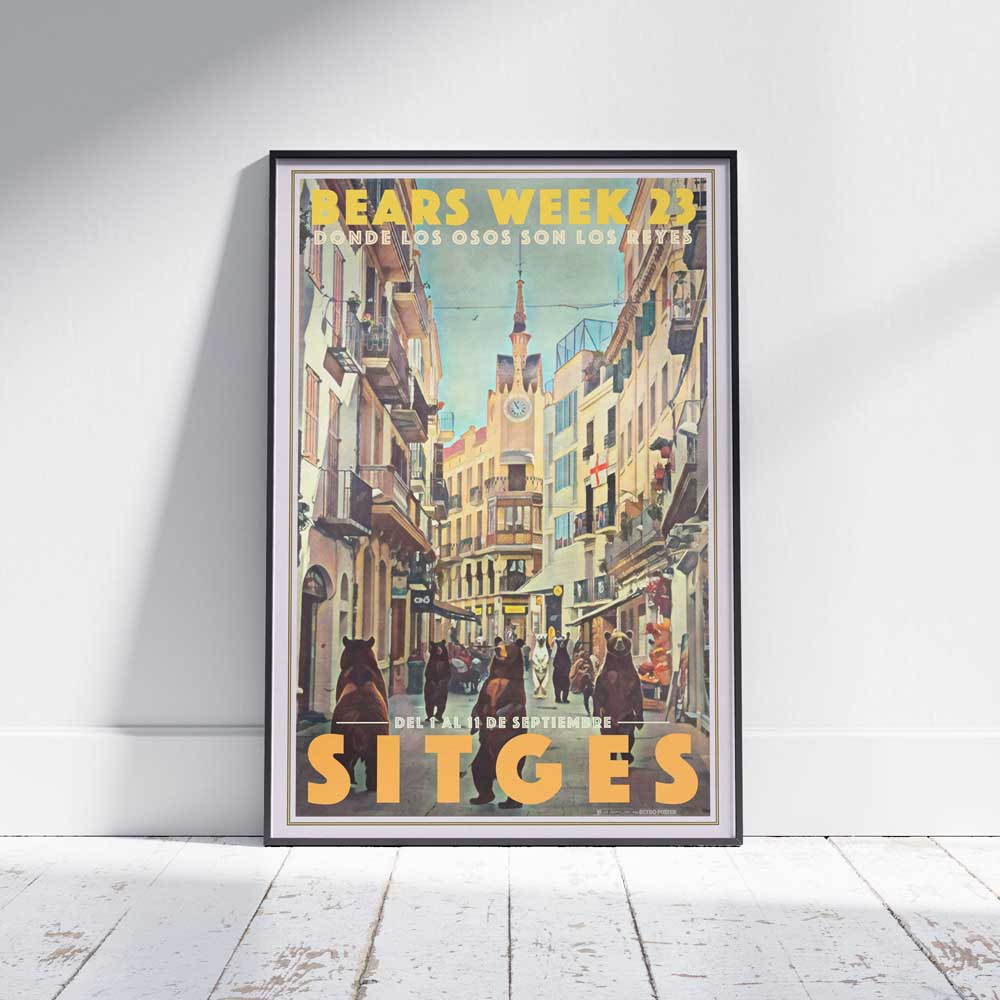 Sitges Bears Week 2023 Poster - Bears Week 23 by Alecse™ in a framed display on white wood floor.