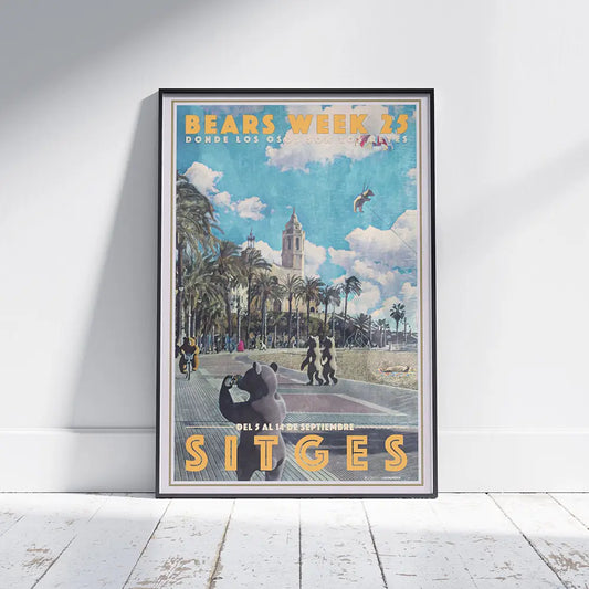 Bears Week 25 Sitges poster by Alecse showing the iconic seafront promenade, palm trees and Sant Bartomeu church in a vintage travel poster style