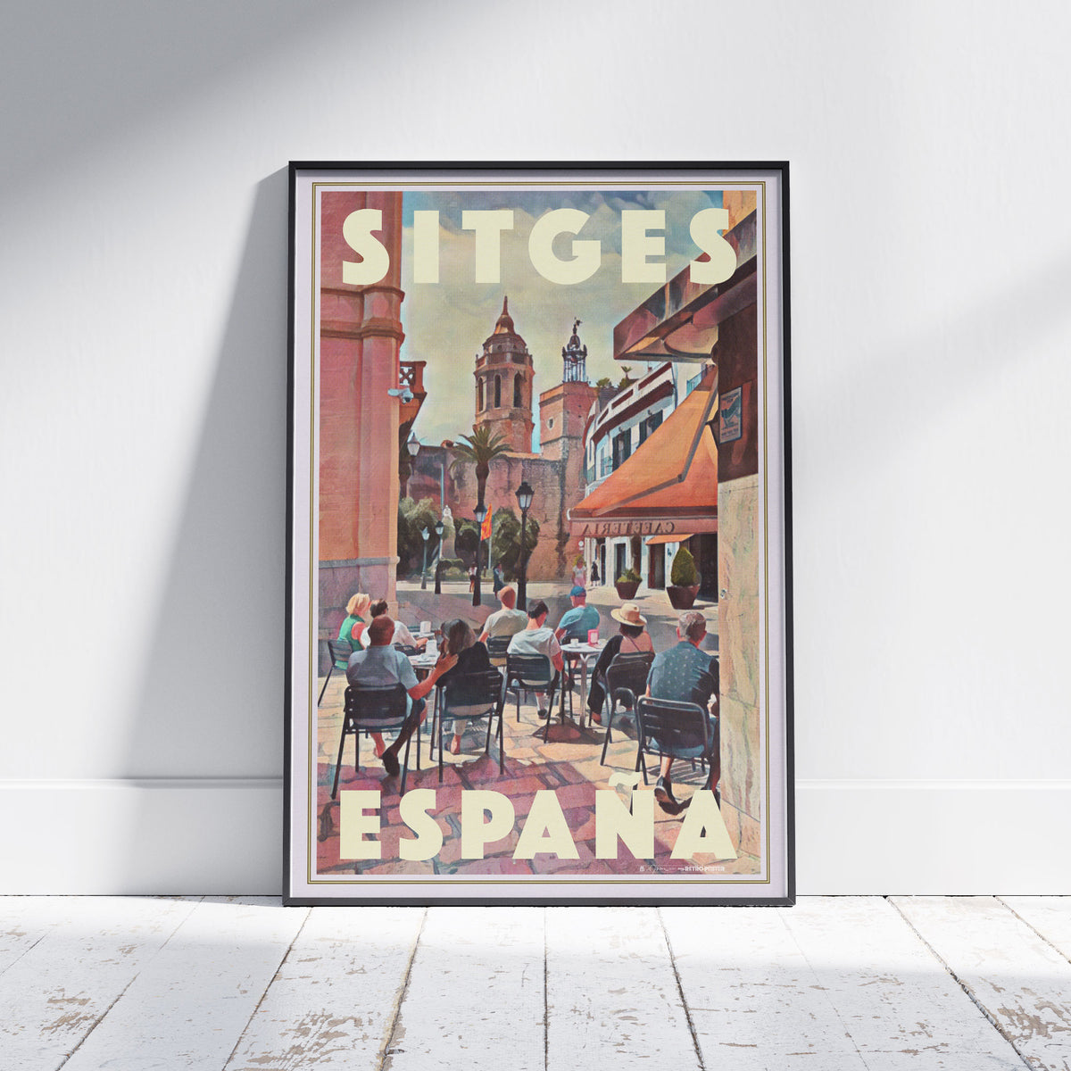 Full view of the Sitges Café vintage travel poster by Alecse, featuring café tables under orange awnings and the historic church in the background.
