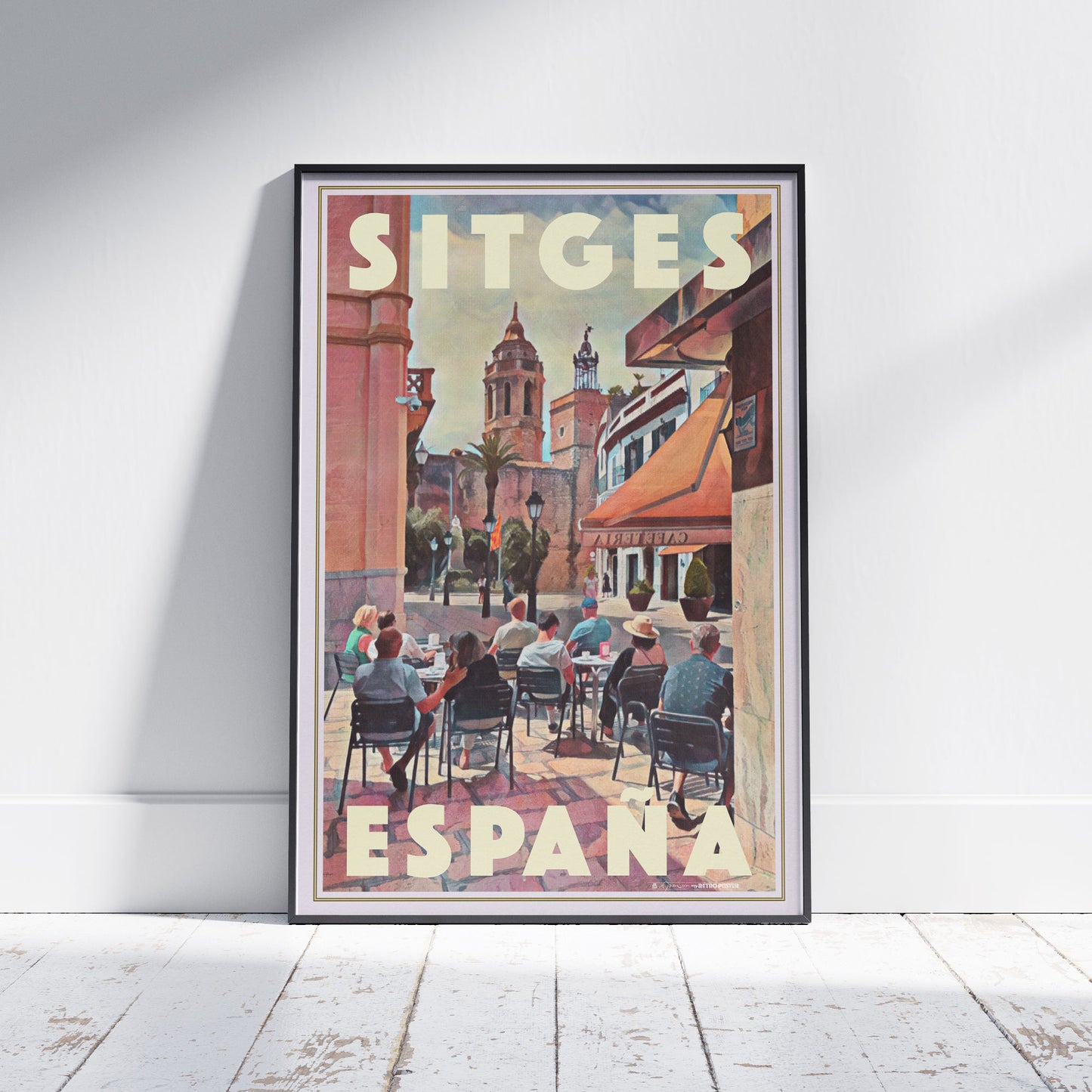 Full view of the Sitges Café vintage travel poster by Alecse, featuring café tables under orange awnings and the historic church in the background.