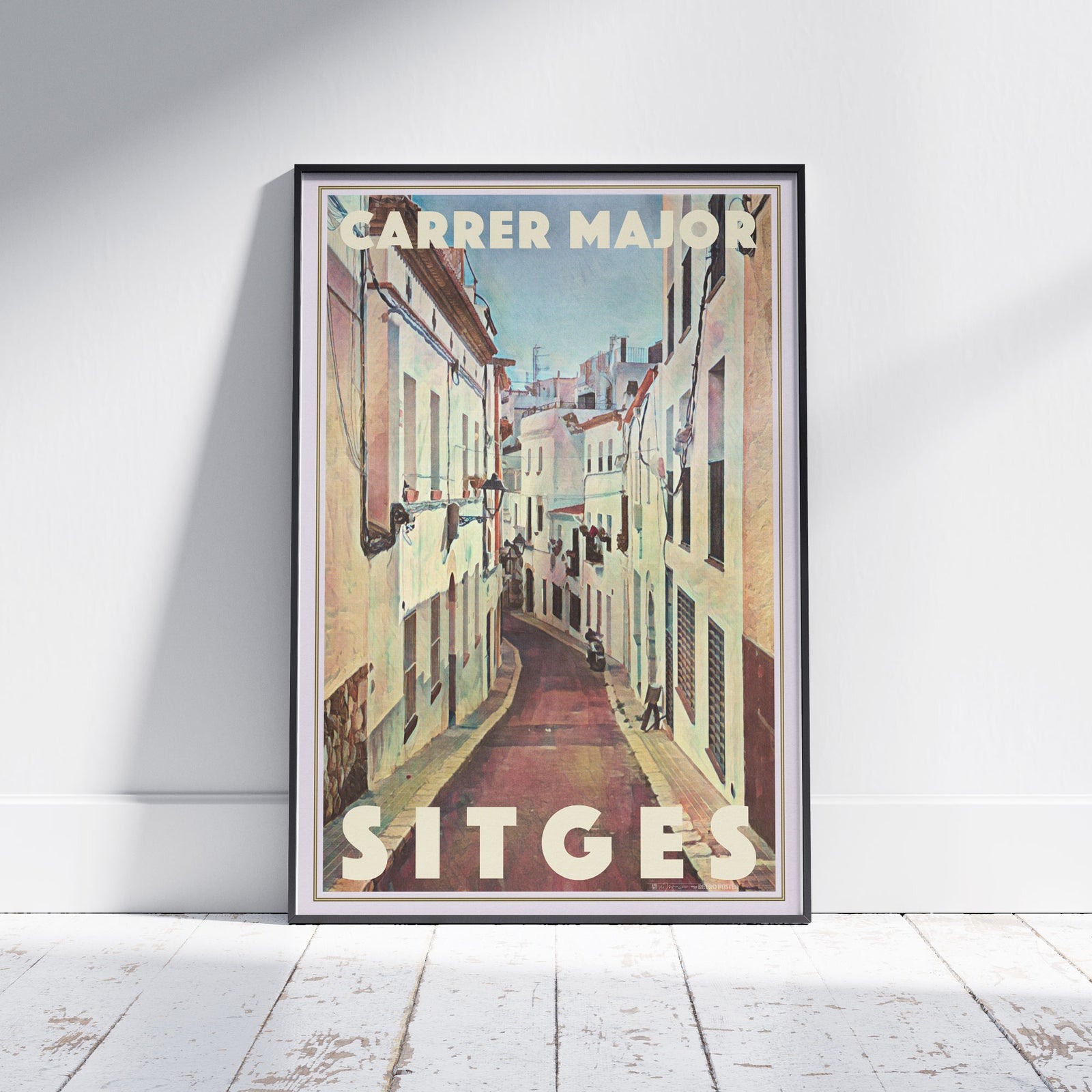 Full framed view of Carrer Major Sitges poster by Alecse, showing winding whitewashed street under Mediterranean light.