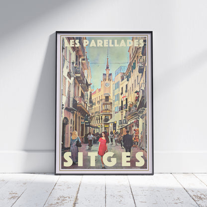Framed Les Parellades Sitges poster by Alecse featuring the lively street scene and clock tower in vintage tones.