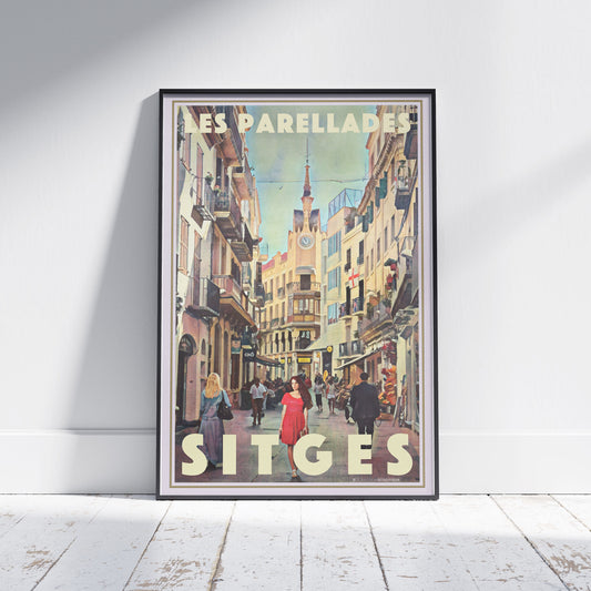 Framed Les Parellades Sitges poster by Alecse featuring the lively street scene and clock tower in vintage tones.