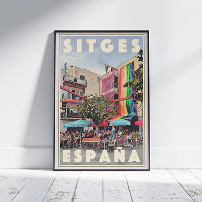 Poster of Sitges Pride with rainbow flags and terraces, Spain art print