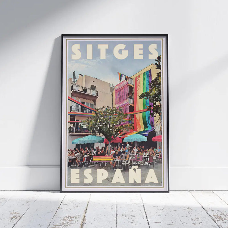 Poster of Sitges Pride with rainbow flags and terraces, Spain art print