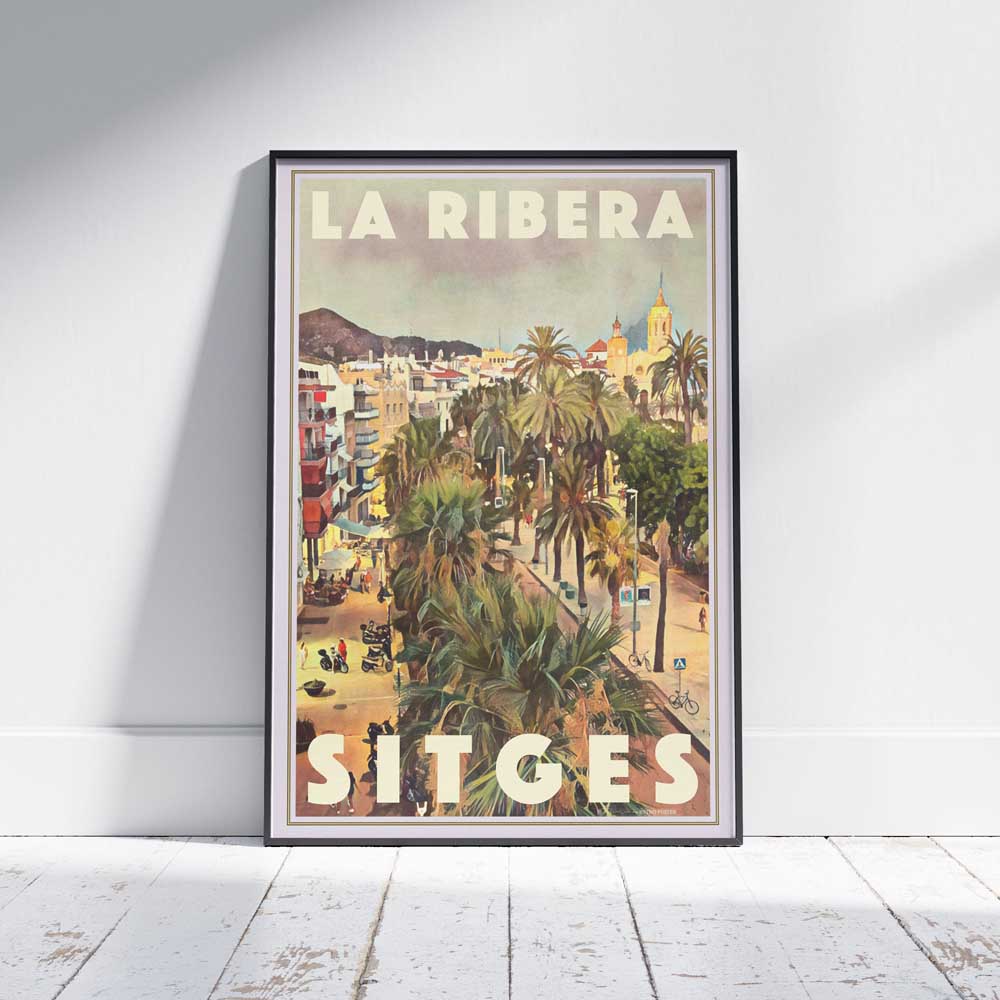 Sitges Poster - Ribera by Alecse™ in a framed display on white wood floor.