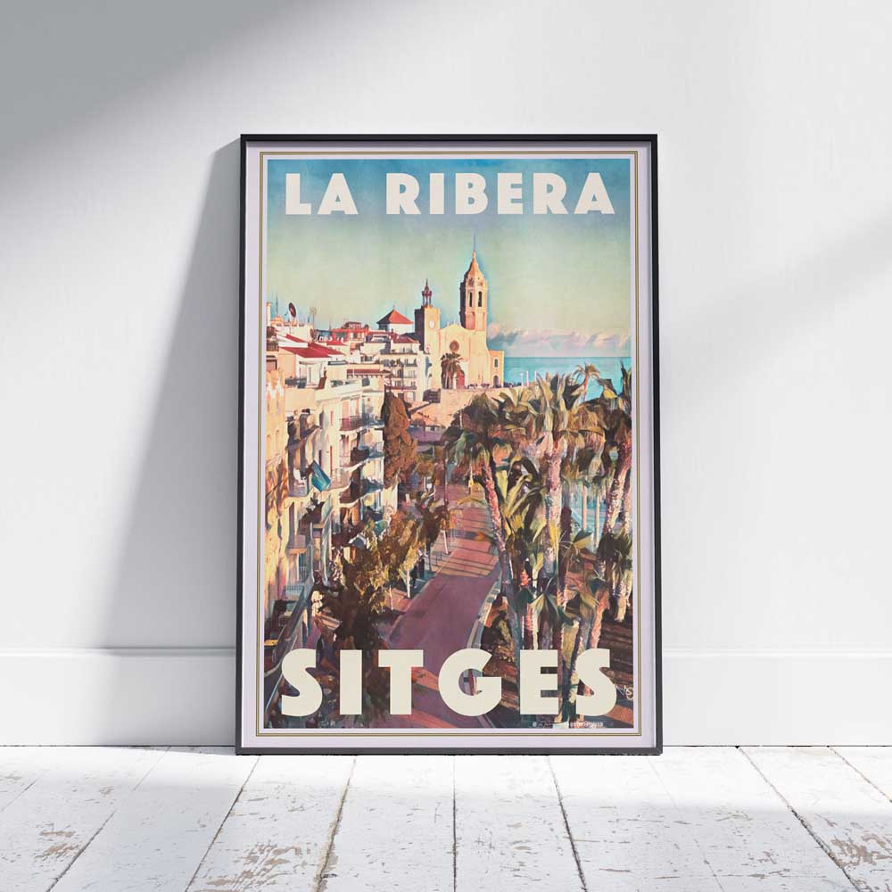 Poster in frame on white wooden floor showing Sitges Ribera Winter travel poster by Alecse