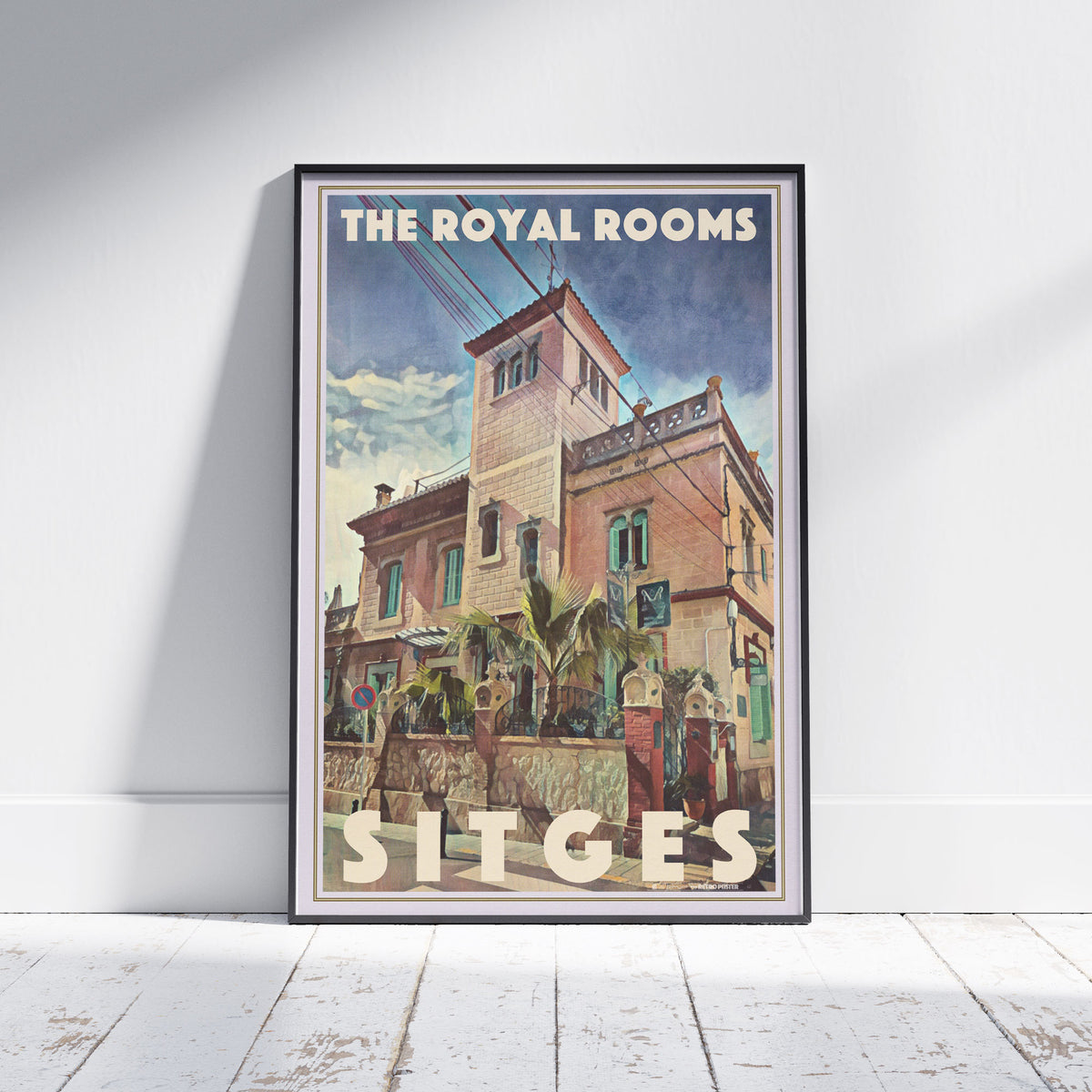 Framed Royal Rooms Sitges poster by Alecse depicting the historic Mediterranean building under a clear blue sky.