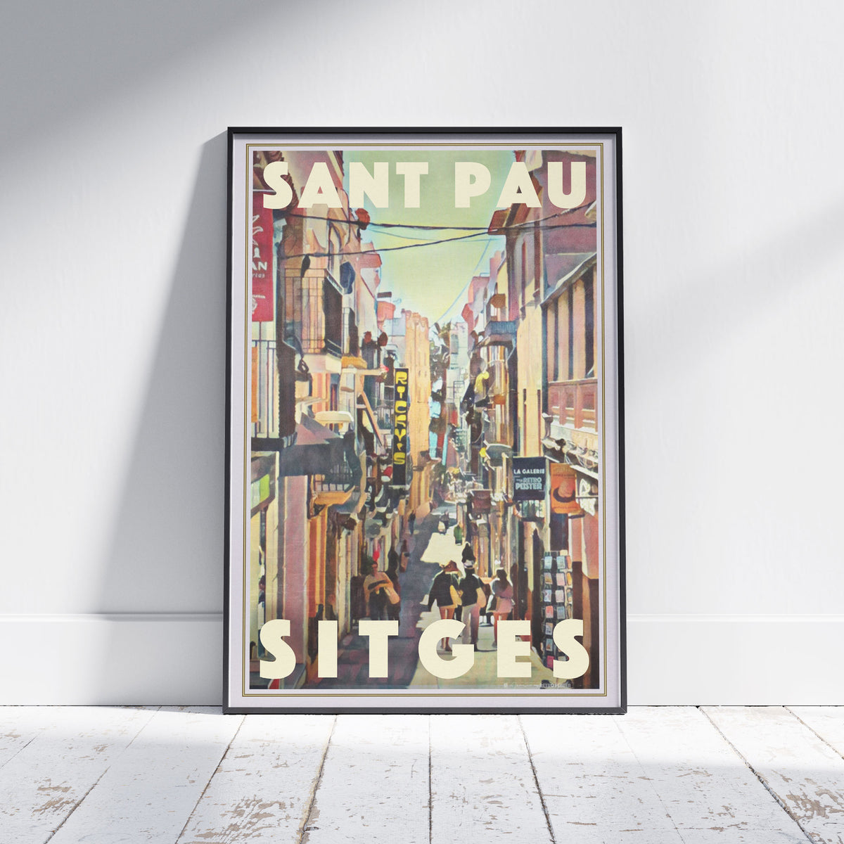 Framed Sant Pau Sitges poster by Alecse depicting the lively Mediterranean street scene in vintage tones.