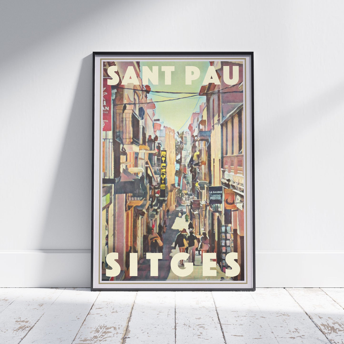 Framed Sant Pau Sitges poster by Alecse depicting the lively Mediterranean street scene in vintage tones.
