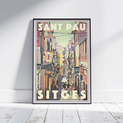 Framed Sant Pau Sitges poster by Alecse depicting the lively Mediterranean street scene in vintage tones.