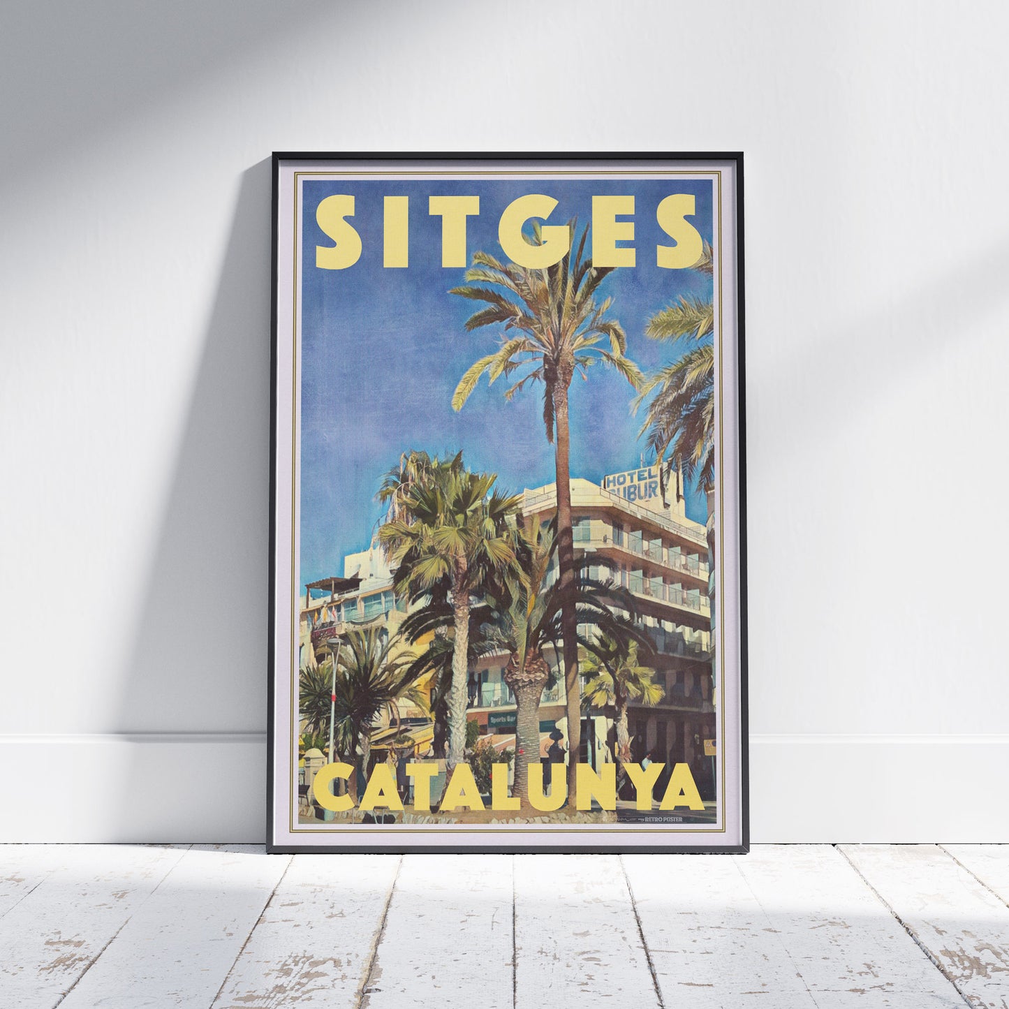 Framed Hotel Subur Sitges poster by Alecse depicting the beachfront and palm trees in vintage tones.