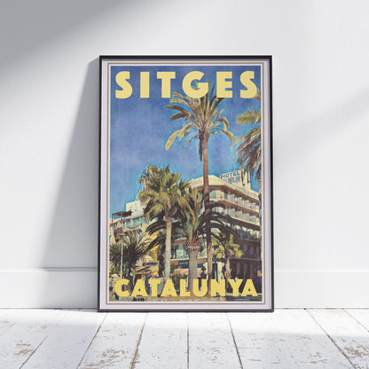 Framed Hotel Subur Sitges poster by Alecse depicting the beachfront and palm trees in vintage tones.