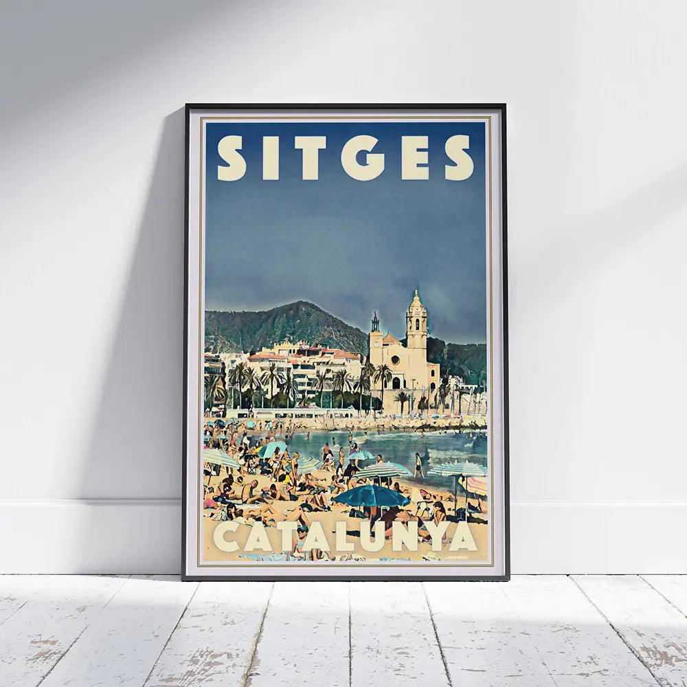 Vintage-style Sitges summer beach travel poster with Mediterranean seaside and church