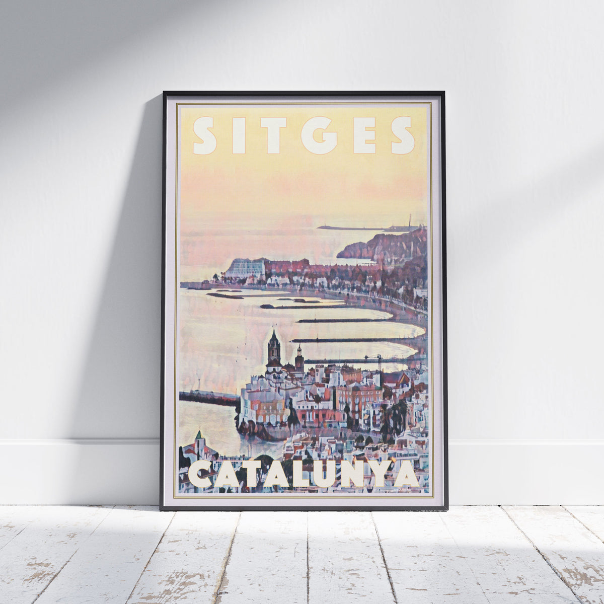Framed Sitges Sunrise poster by Alecse depicting dawn over the church and curving bay of Sitges.