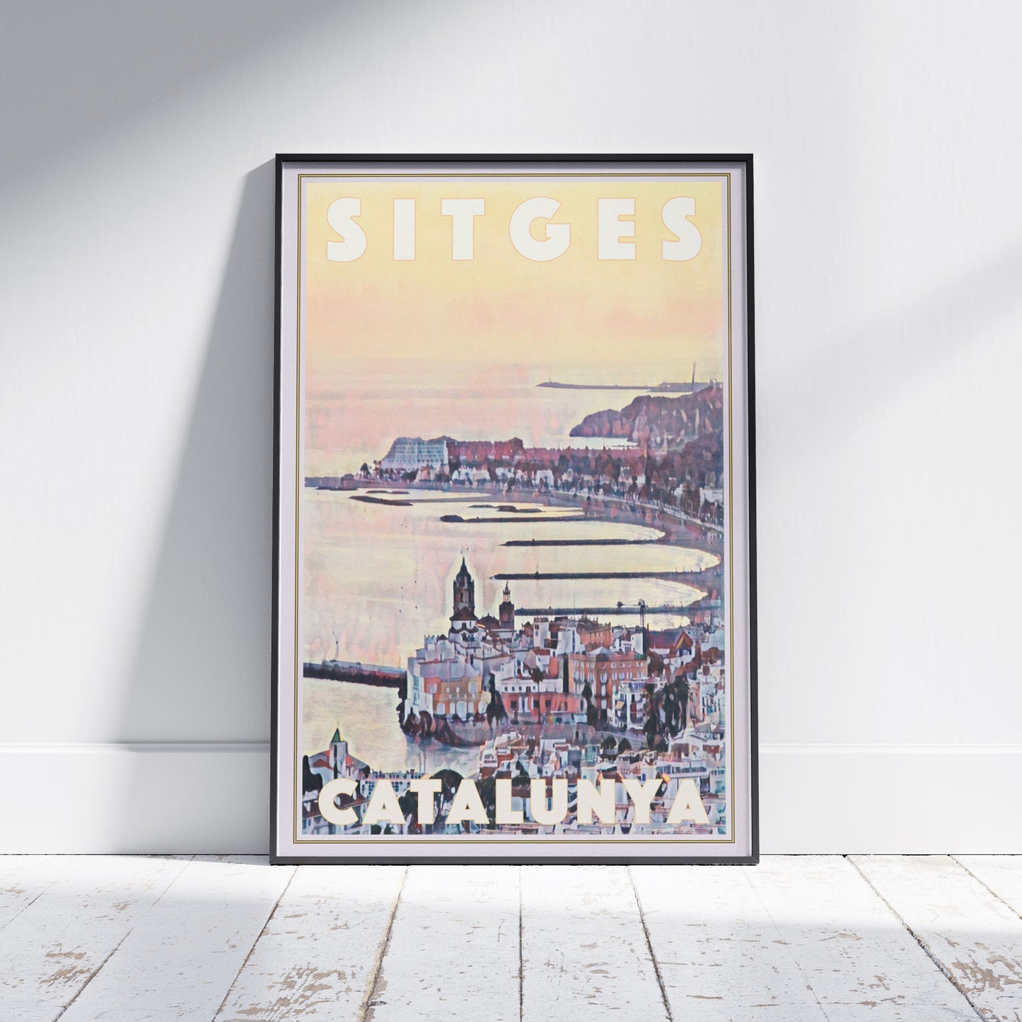 Framed Sitges Sunrise poster by Alecse depicting dawn over the church and curving bay of Sitges.