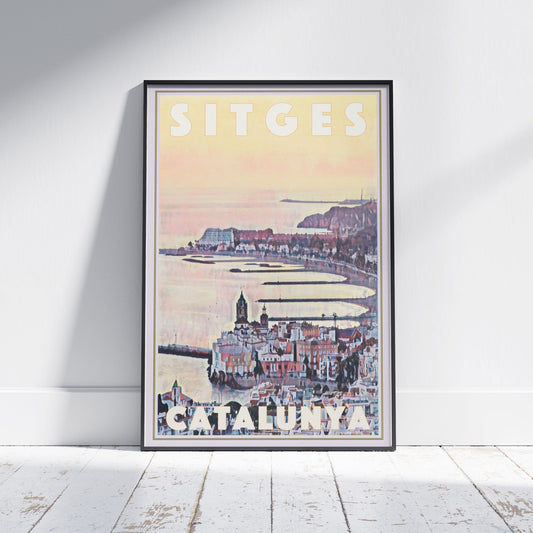 Framed Sitges Sunrise poster by Alecse depicting dawn over the church and curving bay of Sitges.