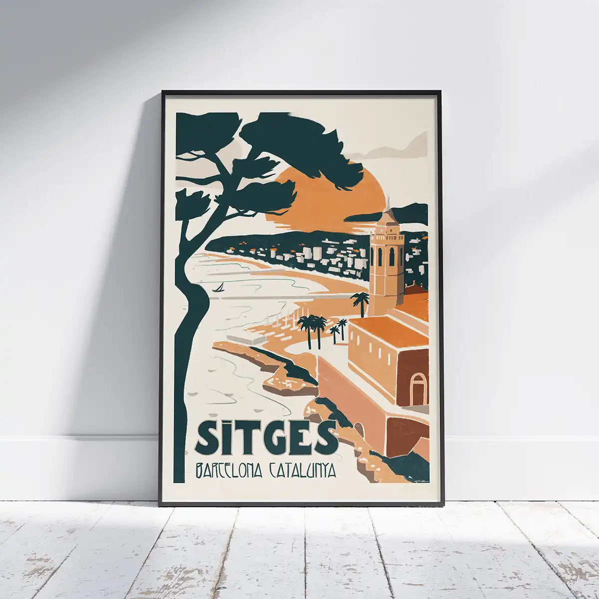 Framed poster of Sitges Bay by Cha in retro vintage style with orange and green tones, showing the church and coastline at sunset – limited edition of 300