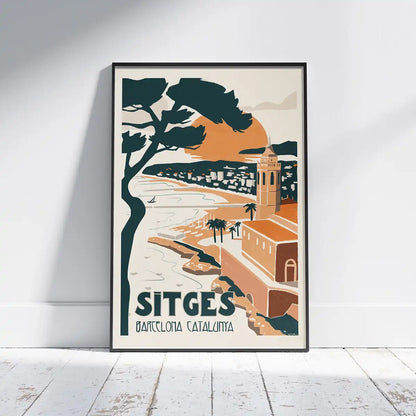 Framed poster of Sitges Bay by Cha in retro vintage style with orange and green tones, showing the church and coastline at sunset – limited edition of 300