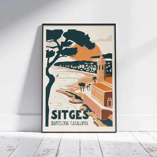Framed poster of Sitges Bay by Cha in retro vintage style with orange and green tones, showing the church and coastline at sunset – limited edition of 300