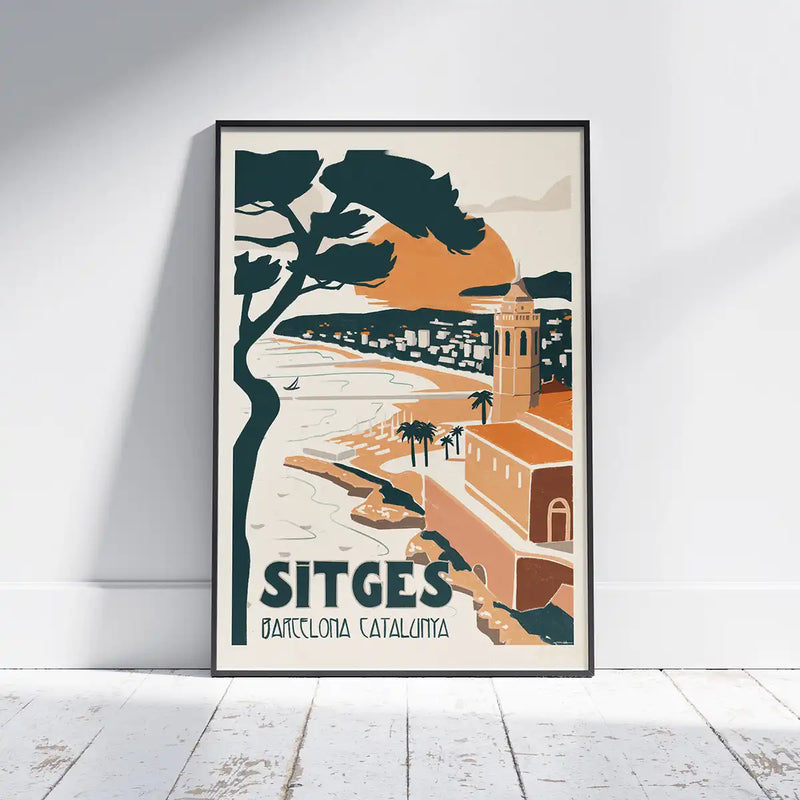 Framed poster of Sitges Bay by Cha in retro vintage style with orange and green tones, showing the church and coastline at sunset – limited edition of 300