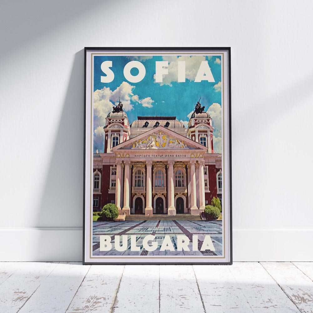 Framed Sofia Bulgaria travel poster featuring the Ivan Vazov National Theater, displayed in a modern interior setting