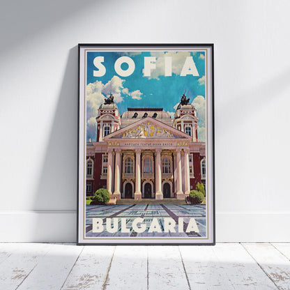 Framed Sofia Bulgaria travel poster featuring the Ivan Vazov National Theater, displayed in a modern interior setting