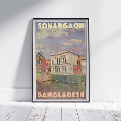 A framed Sonargaon Bangladesh travel poster placed on a white wooden floor