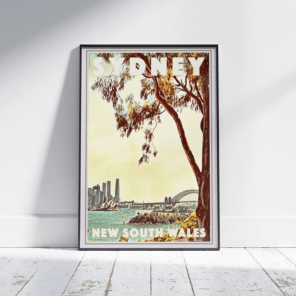 Travel poster of Sydney Harbour showing Opera House and Harbour Bridge in Australia