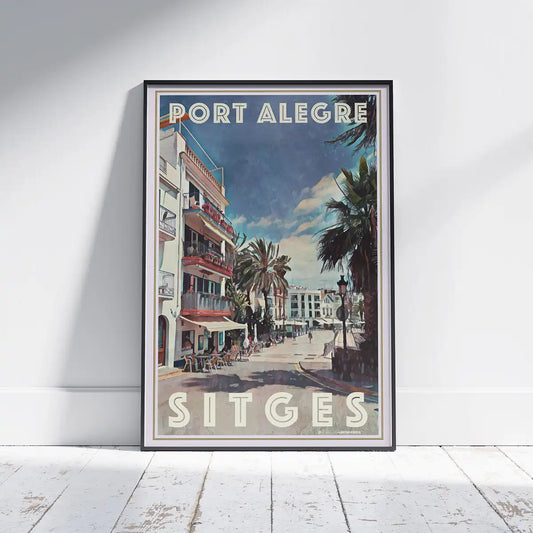 Port Alegre Sitges vintage travel poster by Alecse, showing the sunny promenade of Sant Sebastià with palm trees and Mediterranean buildings in a retro halftone style