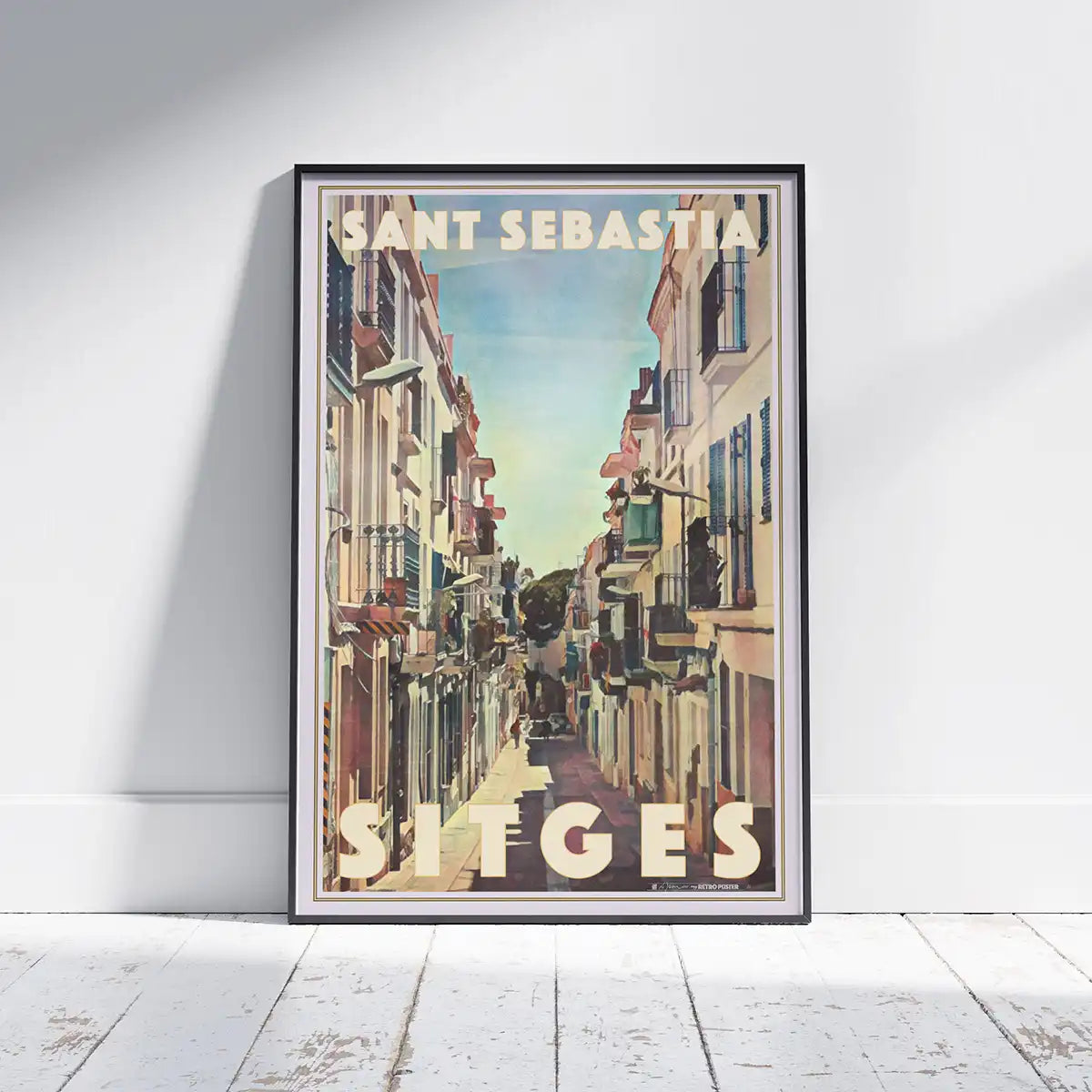 Vintage travel poster of Sant Sebastia Street in Sitges by Alecse, limited edition art print with halftone retro style