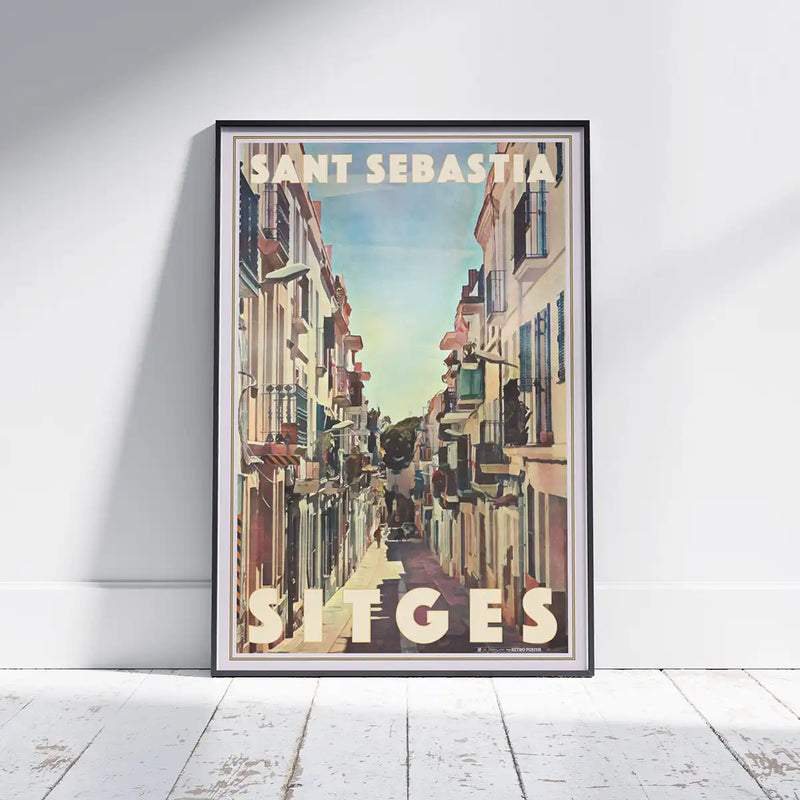 Vintage travel poster of Sant Sebastia Street in Sitges by Alecse, limited edition art print with halftone retro style