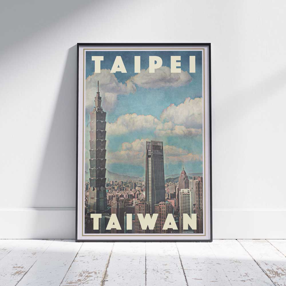 Vintage travel poster of Taipei, Taiwan, featuring Taipei 101 and the city skyline, designed in a nostalgic mid-century travel style