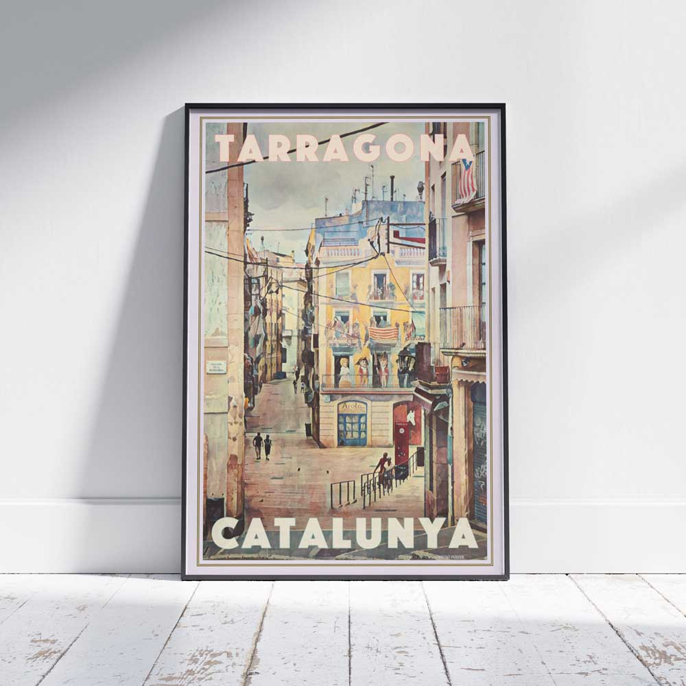 Tarragona Poster - Arola by Alecse™ in a framed display on a white wood floor