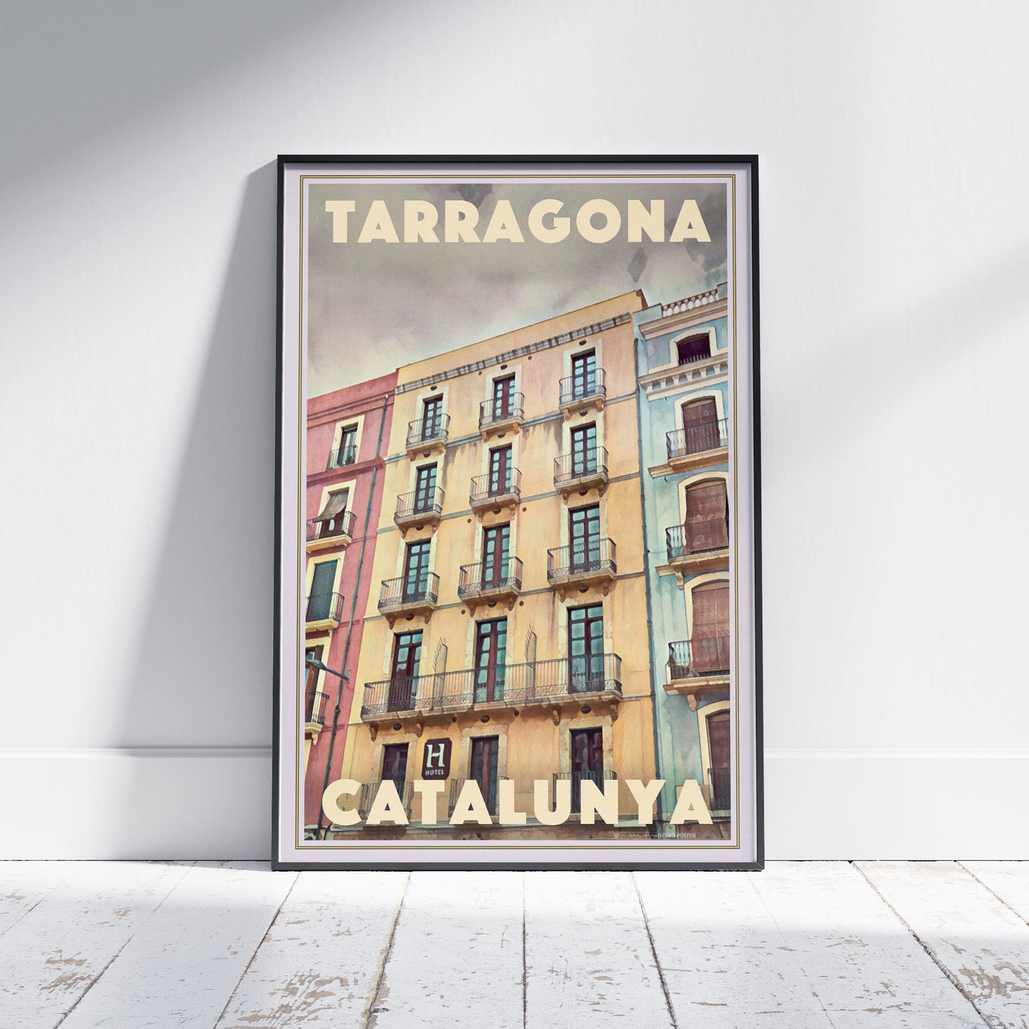 Framed Tarragona La Font poster by Alecse showing colorful Catalan facades under soft Mediterranean light.
