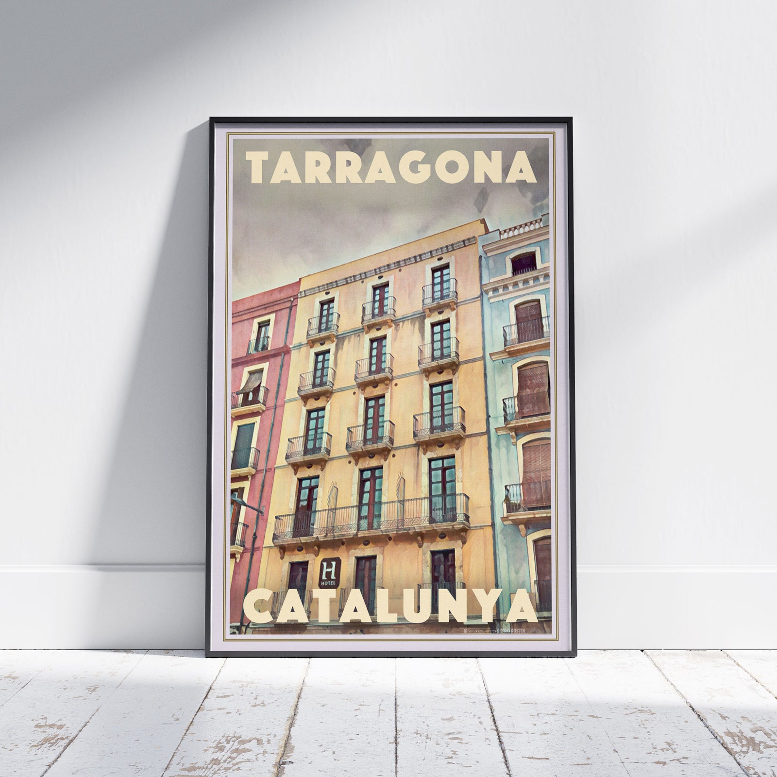 Framed Tarragona La Font poster by Alecse showing colorful Catalan facades under soft Mediterranean light.