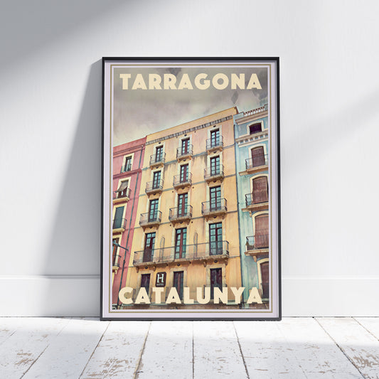 Framed Tarragona La Font poster by Alecse showing colorful Catalan facades under soft Mediterranean light.