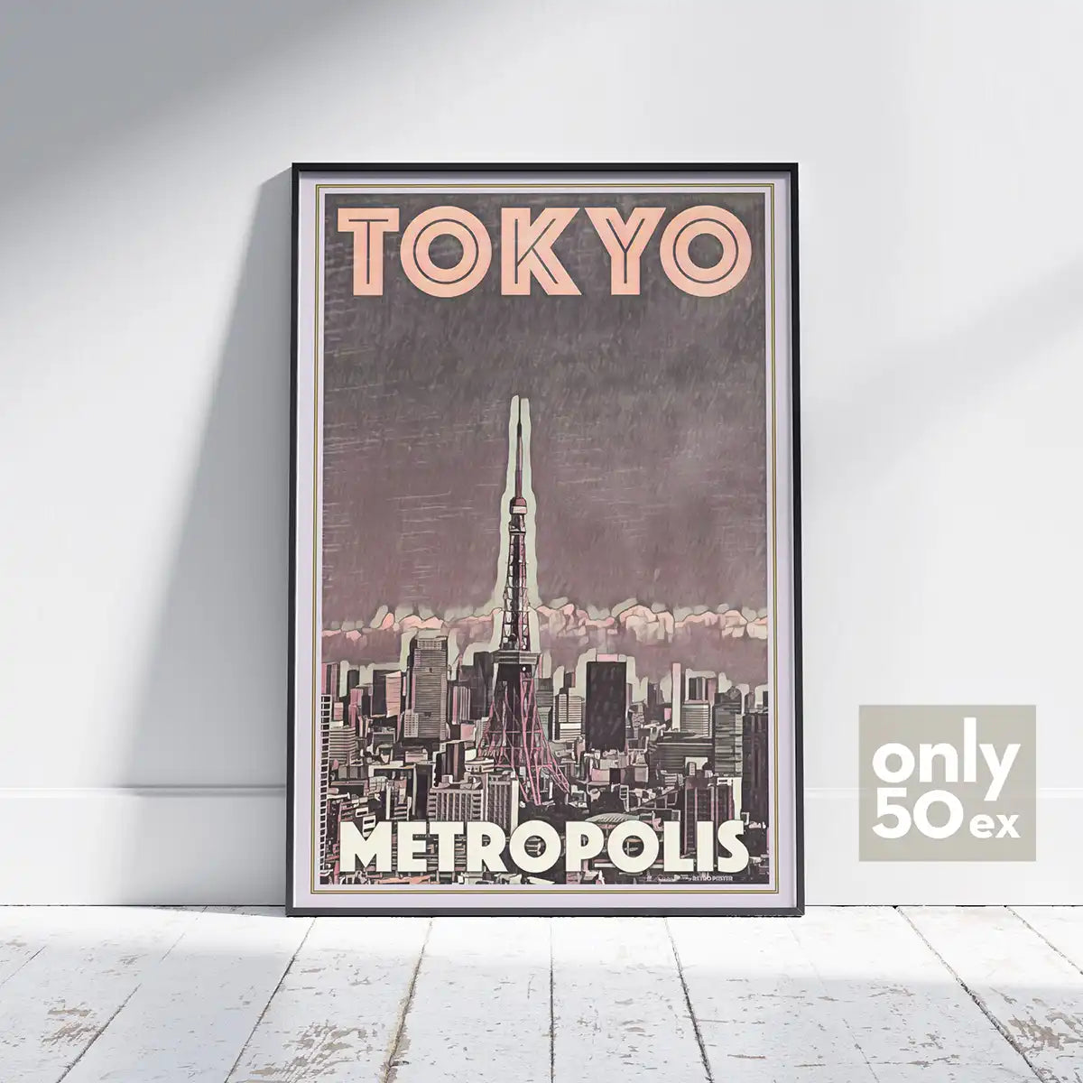 Framed Tokyo Metropolis poster by Alecse showing Tokyo Tower and skyline under a purple-grey sky, limited edition 50 ex