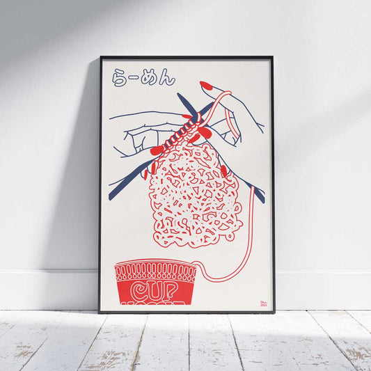 The ‘Ramen Knitting’ poster in a sleek black frame, part of the Vintage Exotics™ collection, adding a unique and elegant touch to any home decor