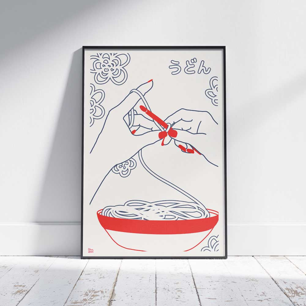 The ‘Udon Crocheting’ poster in a sleek black frame, part of the Vintage Exotics™ collection, adding a unique and stylish touch to any home decor