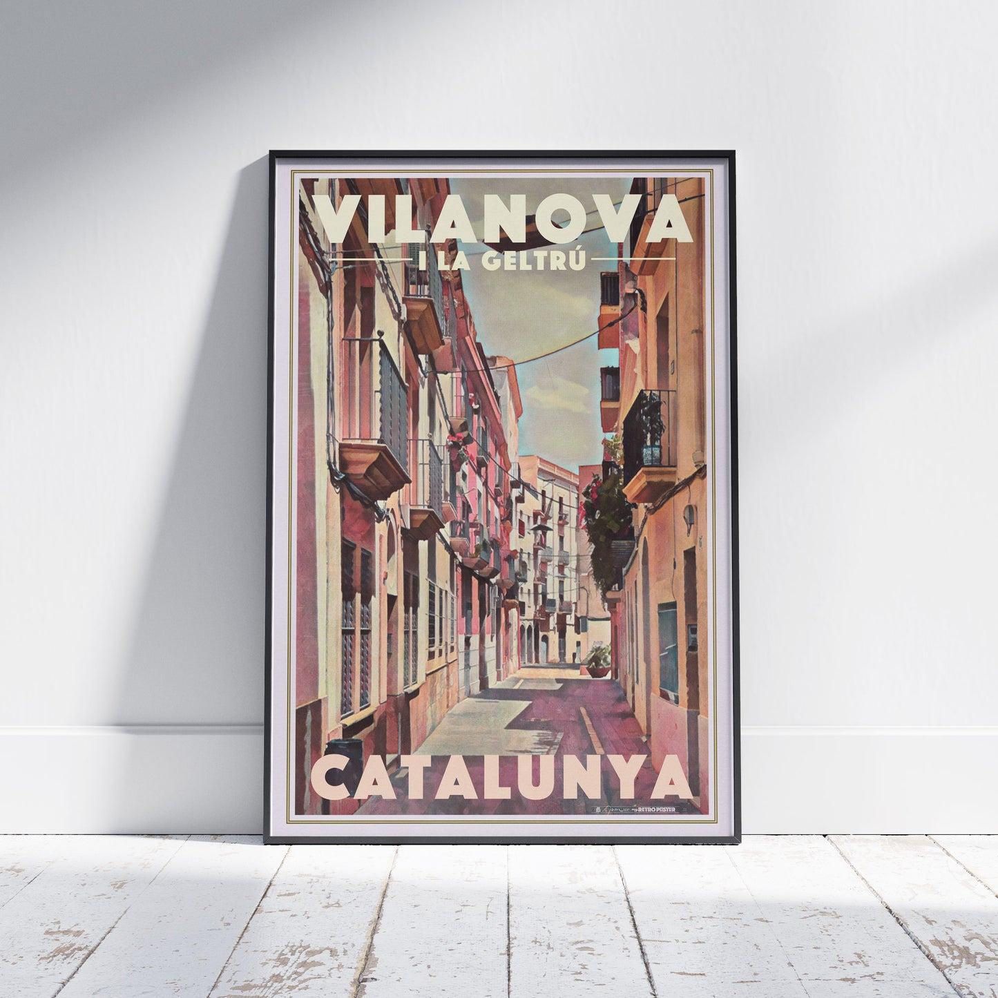 Vilanova Major vintage travel poster framed – pastel Catalan street scene with balconies and halftone texture – limited edition art print by Alecse.