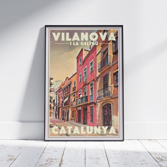Framed Plaça Llarga Vilanova poster showing vibrant pastel buildings and afternoon light in Alecse’s vintage halftone style.